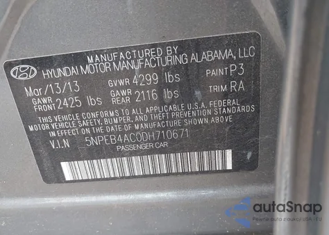 2013 Hyundai Sonata Gls из США, поврежденный, VIN 5NPEB4AC0DH710671